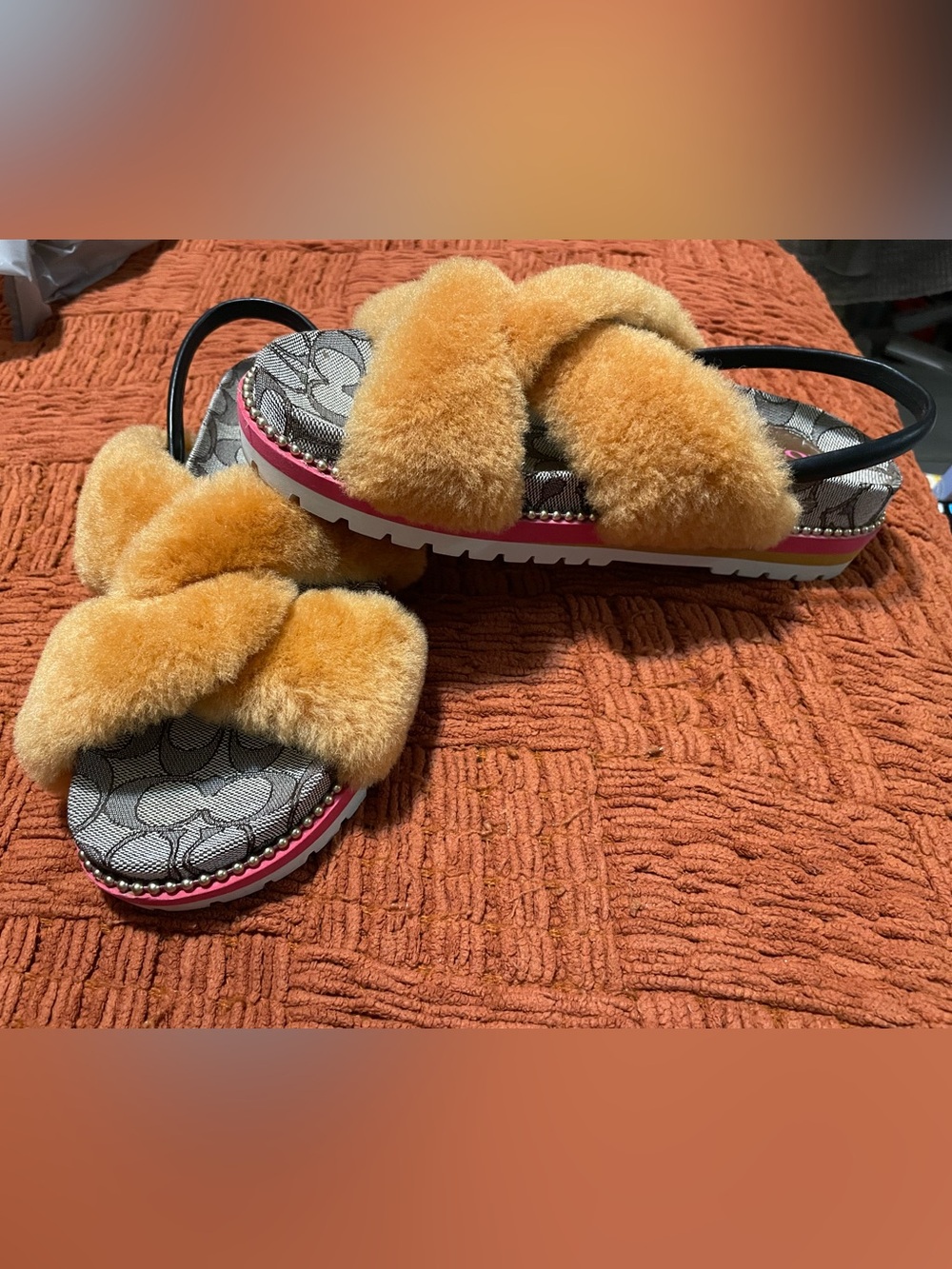Coach Tally Orange Shearling Cross-Band Slingbacks with Signature Canvas - Picture 4 of 13